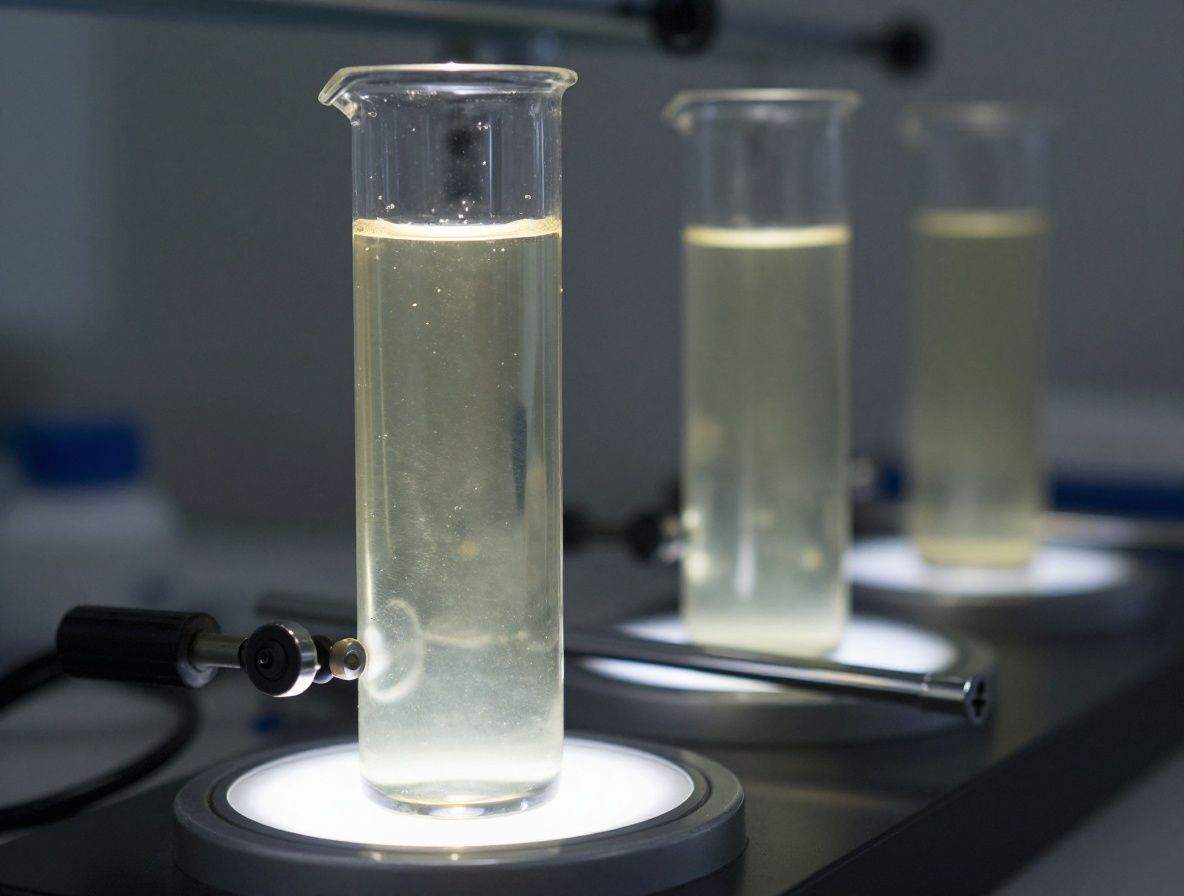 Proceso de purificación en laboratorio científico con equipo de cromatografía de vidrio, líquidos transparentes fluyendo por columnas, fondo blanco y luz brillante que refleja en el vidrio