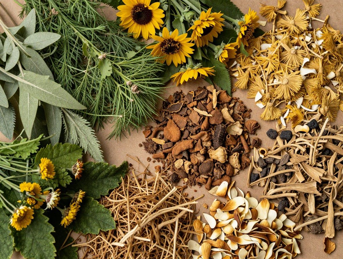 Variedad de plantas medicinales y botánicas secas sobre papel marrón artesanal: pétalos secos, hojas trituradas, cortezas y flores deshidratadas en tonos verdes, marrones y dorados, iluminación natural suave