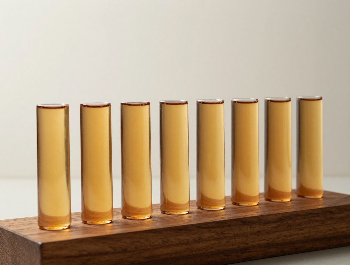 Frascos de vidrio ámbar con extractos de plantas concentrados alineados sobre estante de madera oscura, con luz que atraviesa los líquidos revelando diferentes tonalidades doradas y marrones