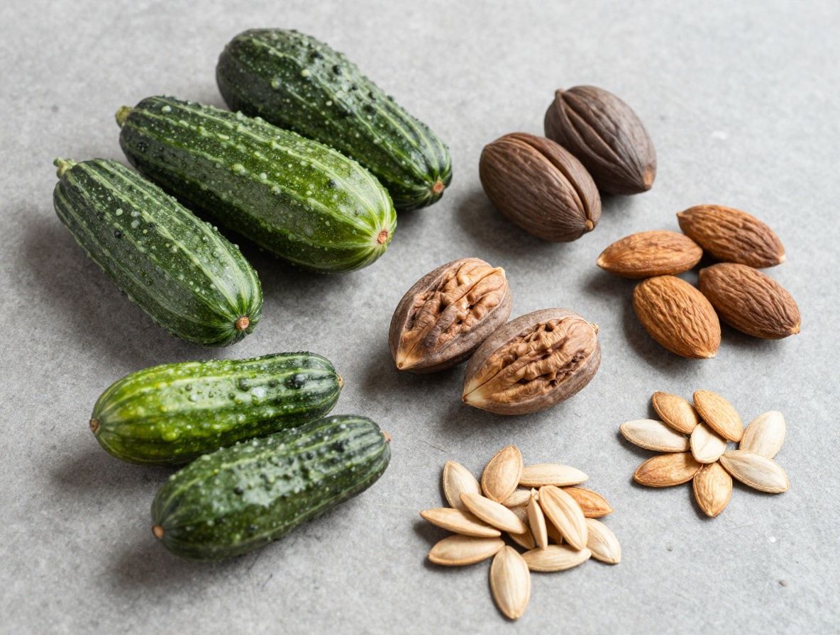 Semillas y nueces diversas mezcladas sobre superficie de piedra gris, mostrando texturas variadas: semillas de calabaza verdes, nueces, almendras y semillas de lino en composición natural