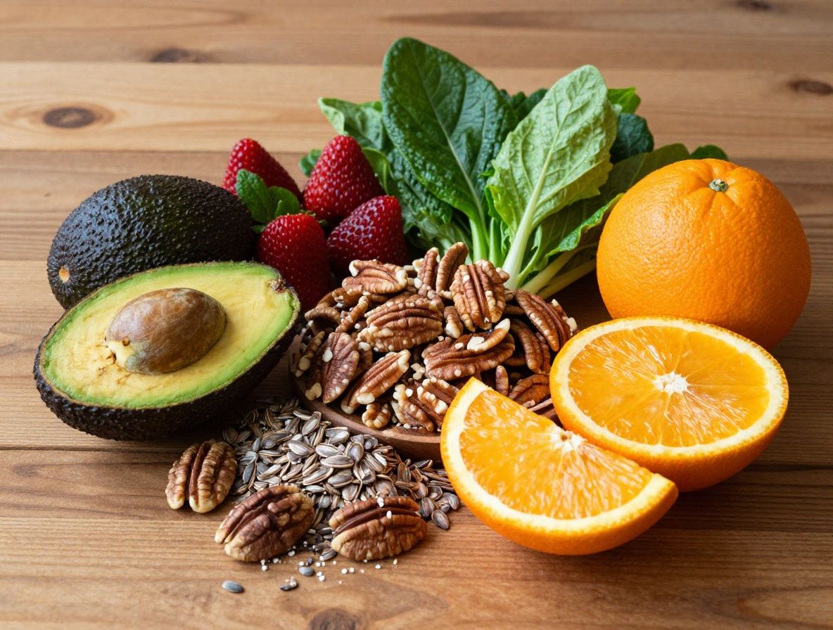 Variedad de alimentos naturales y saludables dispuestos sobre mesa de madera: aguacate, nueces, semillas, hojas verdes, bayas rojas y naranja, composición artística con colores vibrantes y textura natural