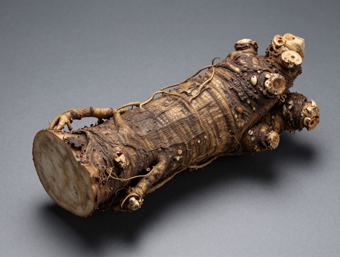 Raíz de ginseng entera sobre fondo de madera oscura pulida, con su forma característica irregular y tonos ocres y beige, iluminada con luz lateral que resalta la textura rugosa y los nódulos de la raíz seca