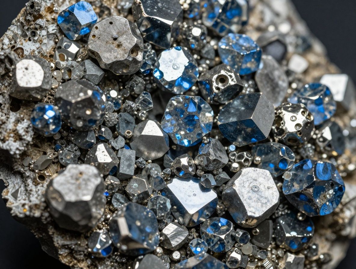Mineral de zinc en forma de cristales metálicos brillantes con tonos azulados y plateados sobre fondo oscuro, con iluminación macro que revela la estructura cristalina natural del metal