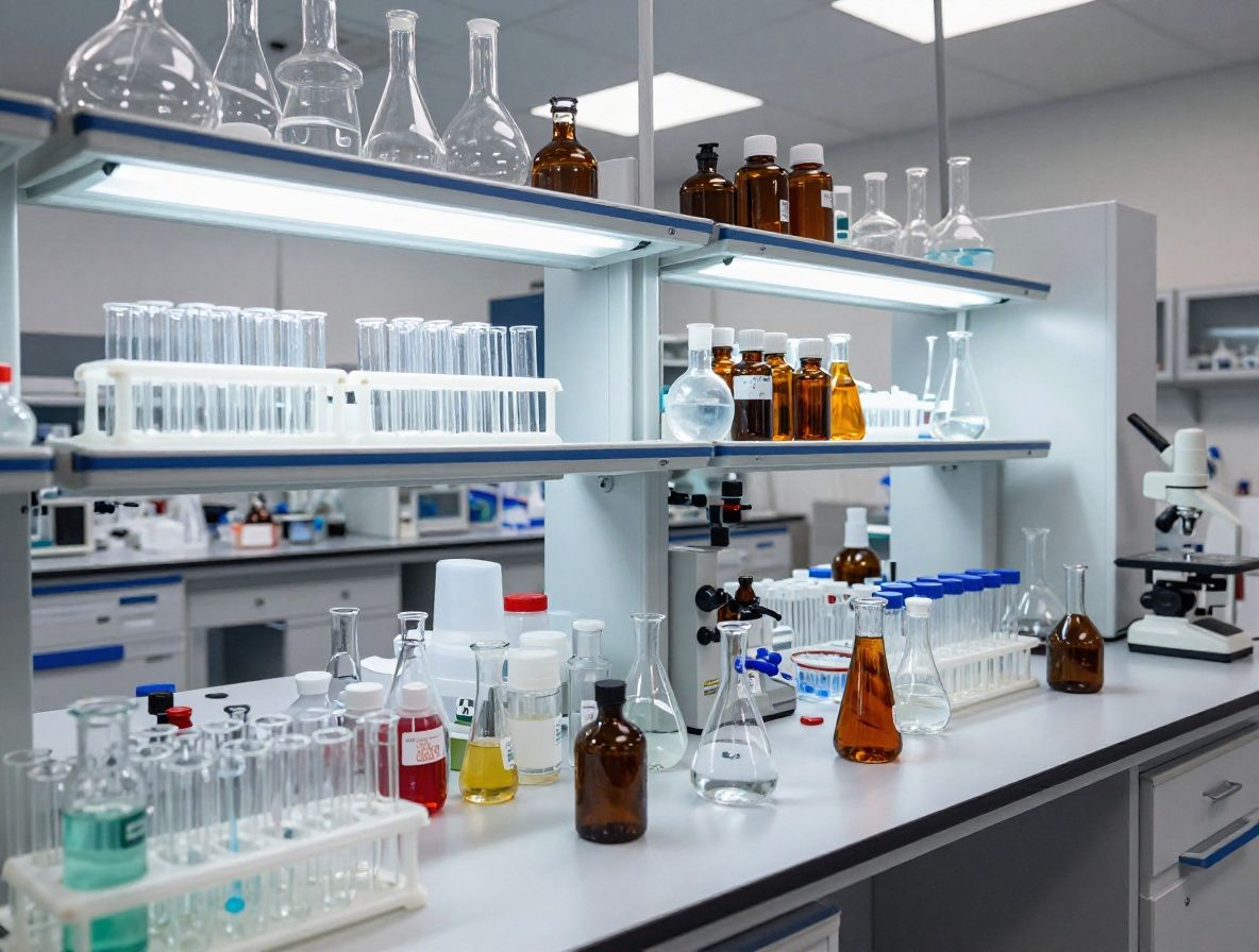 Interior de laboratorio de investigación científica moderno y ordenado, con equipos de vidrio transparente, frascos con soluciones de distintos tonos, superficies blancas impecables e iluminación fría natural proveniente de ventanales amplios