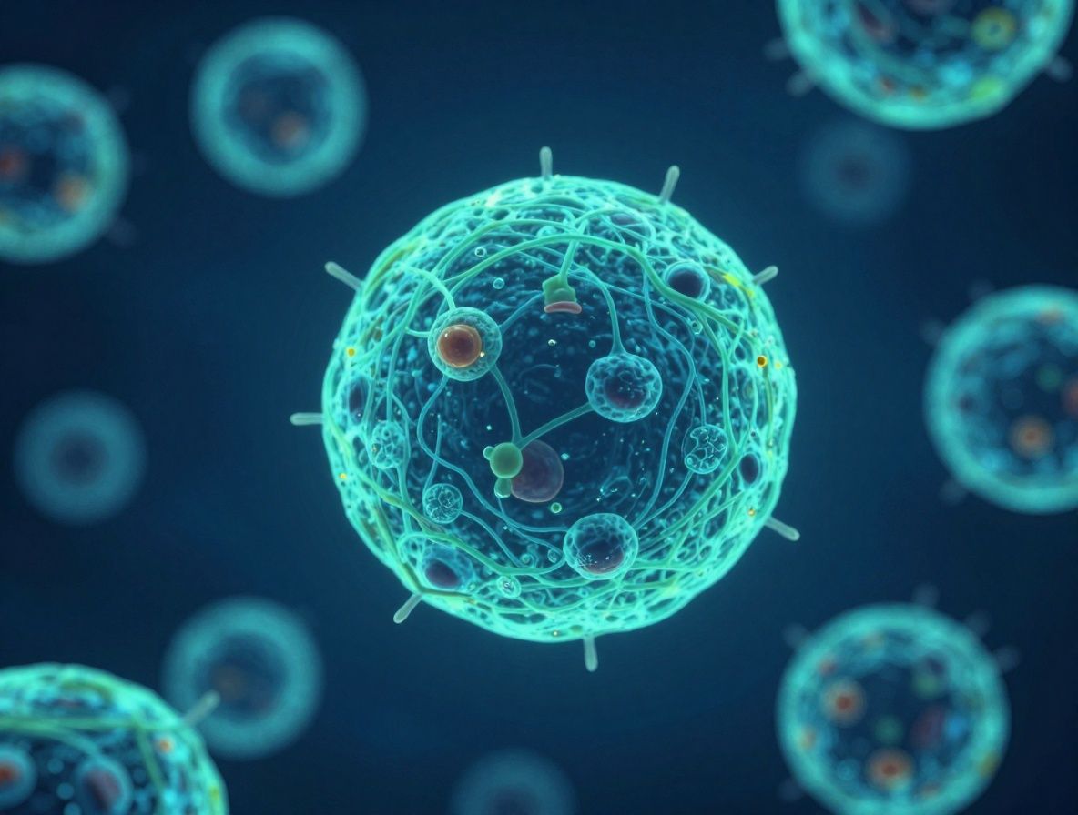 Fotografía macro científica abstracta de estructuras celulares con efecto de luz azul y verde que simula procesos de absorción molecular, fondo oscuro con partículas luminosas que representan el movimiento de moléculas en el espacio celular